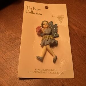 DEZI Vintage collectable hand painted fairy Pin with green / blue  glitter wings